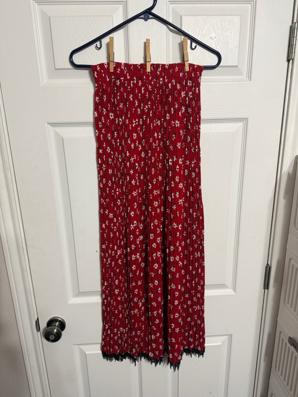 Women’s Red Floral Smocked Maxi Skirt with Black Lace Trim